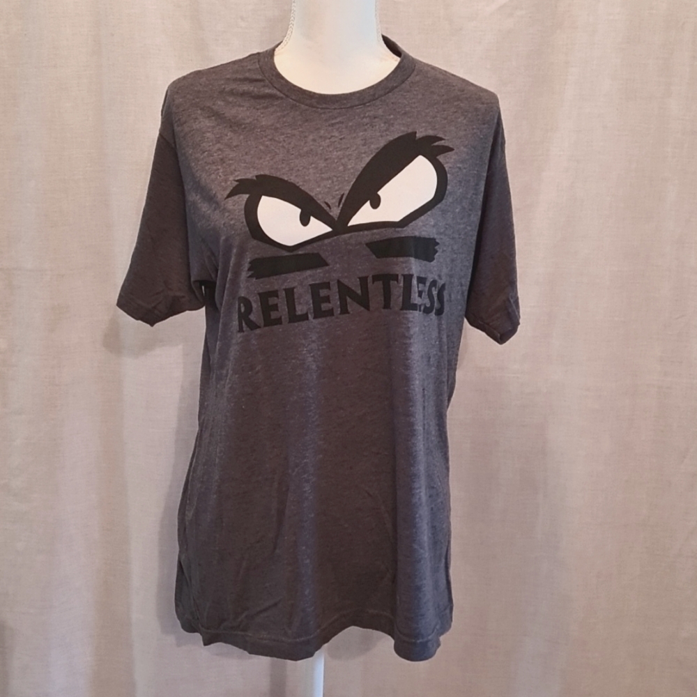 TEXAS STATE Renletless tee in grey, L, VGUC, League Champs on back, Cat eyes